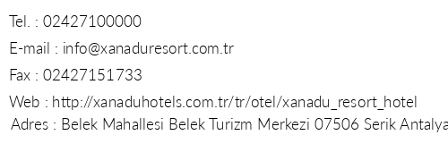 Xanadu Resort Hotel telefon numaralar, faks, e-mail, posta adresi ve iletiim bilgileri